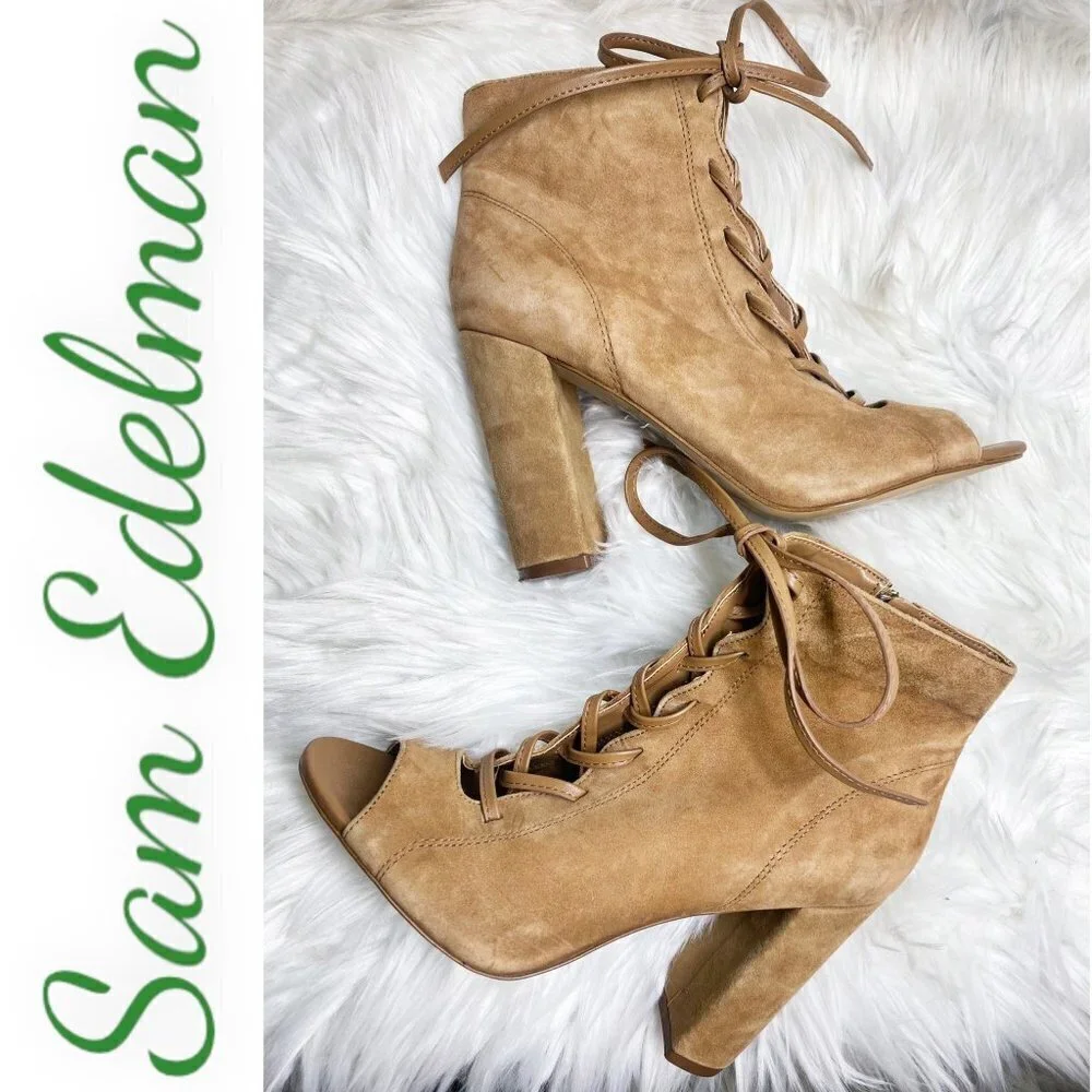 SAM EDELMAN YVIE Suede Open‎ Toe Lace Up Ankle Boot Saddle Brown, Size 8